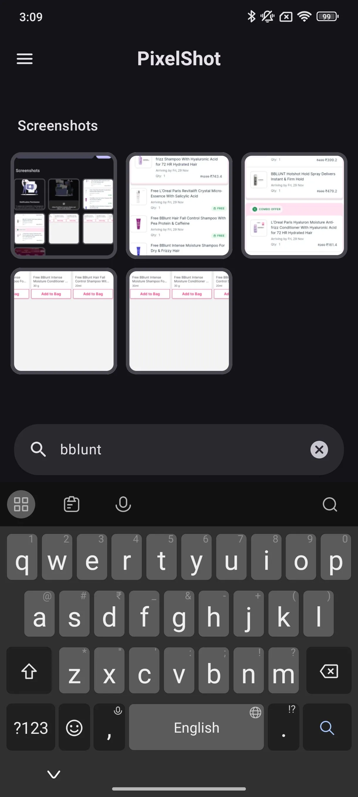 Kết quả tìm kiếm 'Bblunt' trong ứng dụng PixelShot, hiển thị ảnh chụp màn hình liên quan