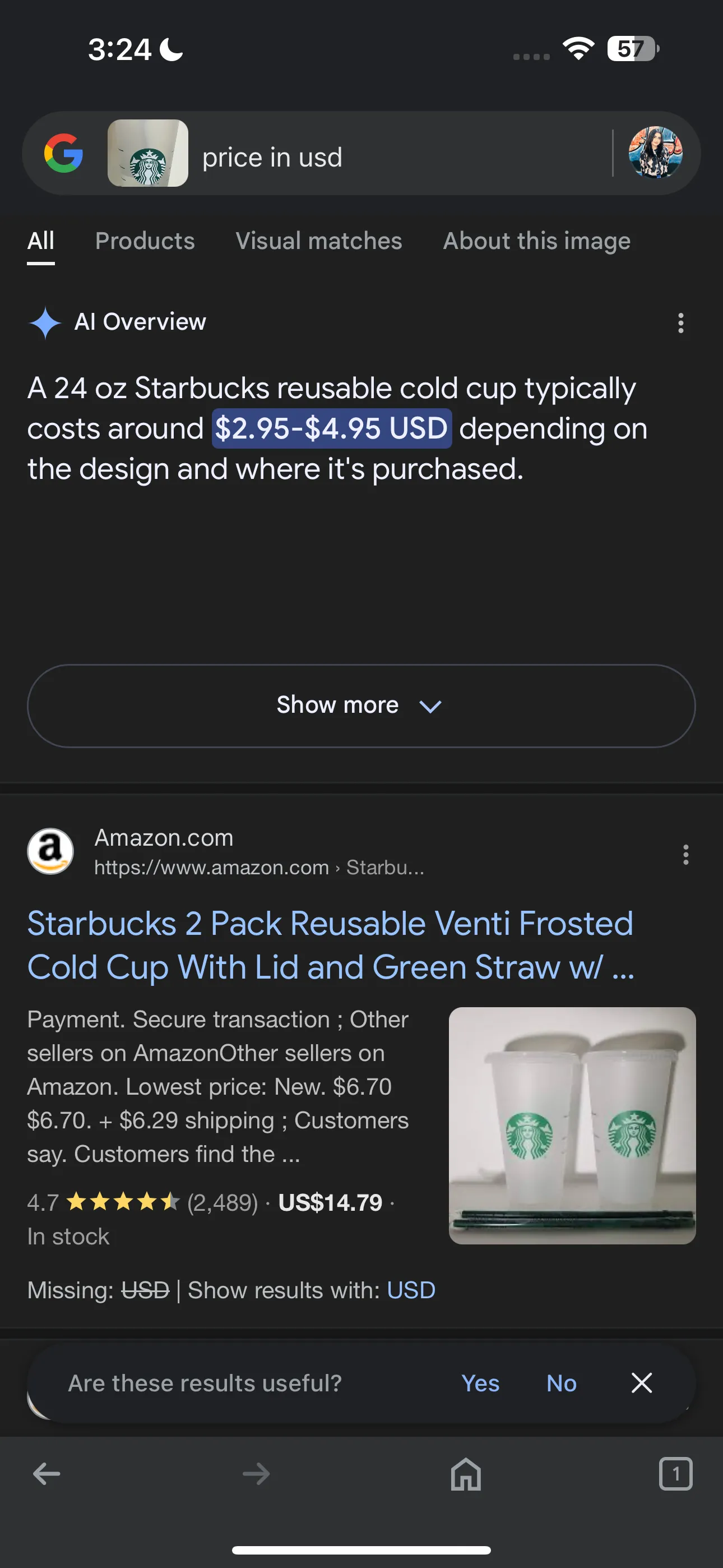Kết quả tìm kiếm của Google Lens hiển thị giá cốc Starbucks bằng USD cùng tóm tắt AI