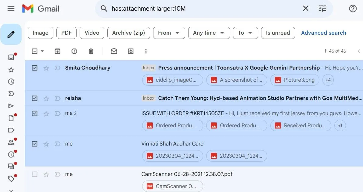 Kết quả tìm kiếm Gmail hiển thị các email có tệp đính kèm lớn hơn 10MB
