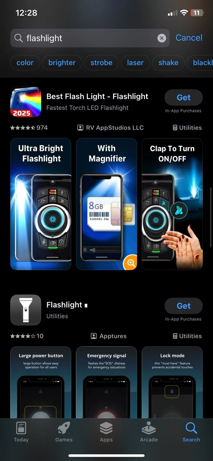 Kết quả tìm kiếm ứng dụng đèn pin trên App Store