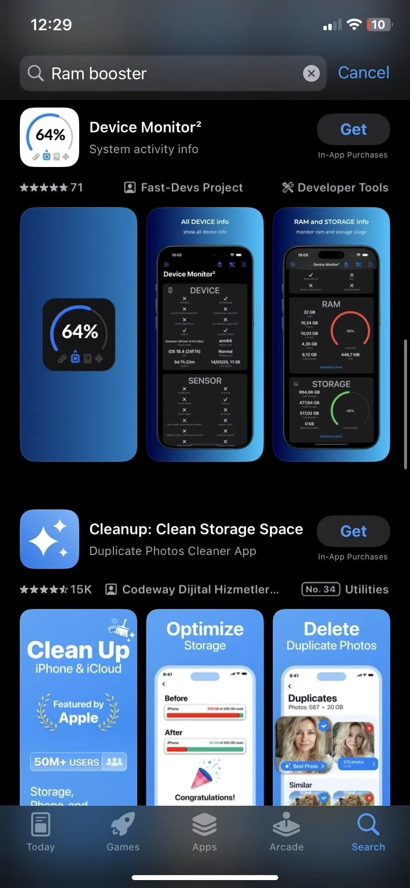 Kết quả tìm kiếm ứng dụng tăng RAM iPhone trên App Store