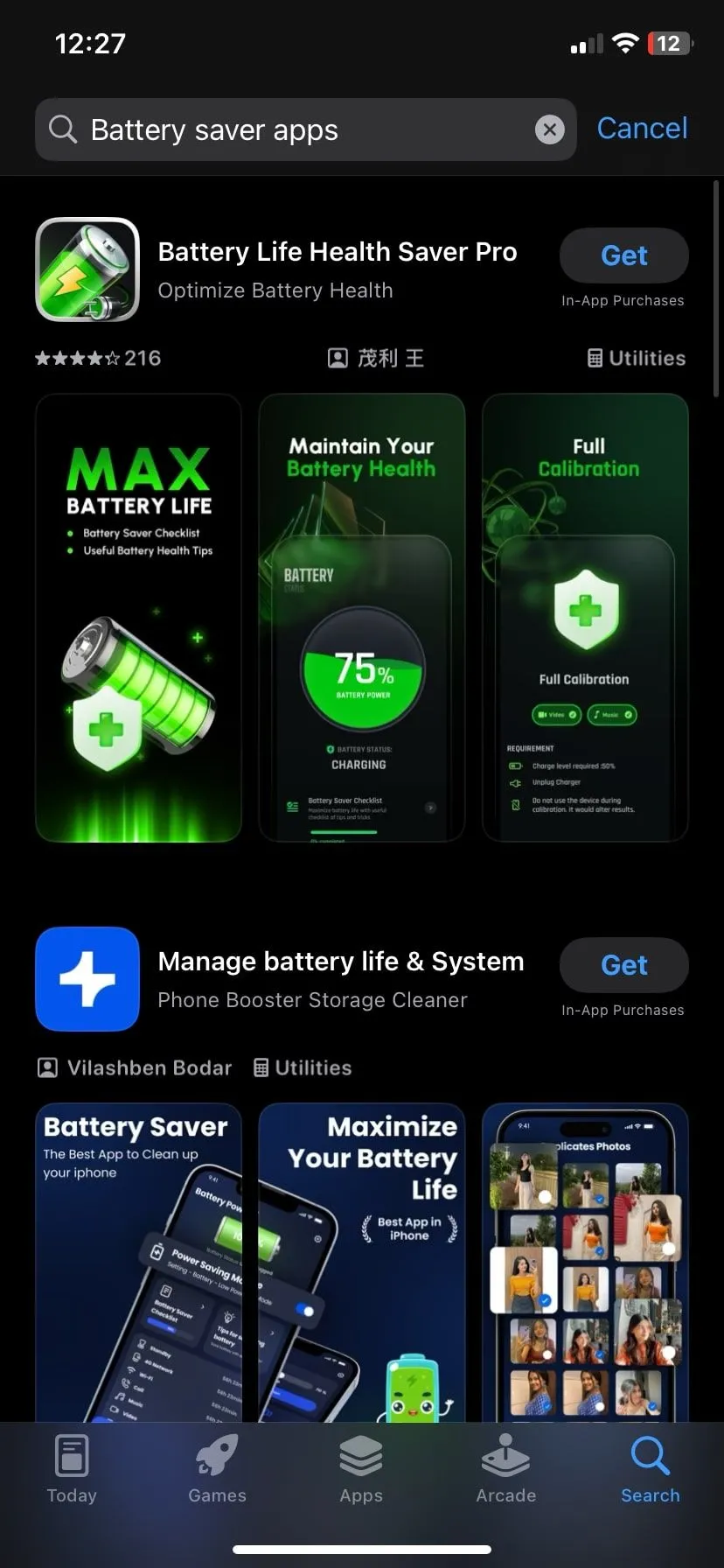 Kết quả tìm kiếm ứng dụng tiết kiệm pin iPhone trên App Store