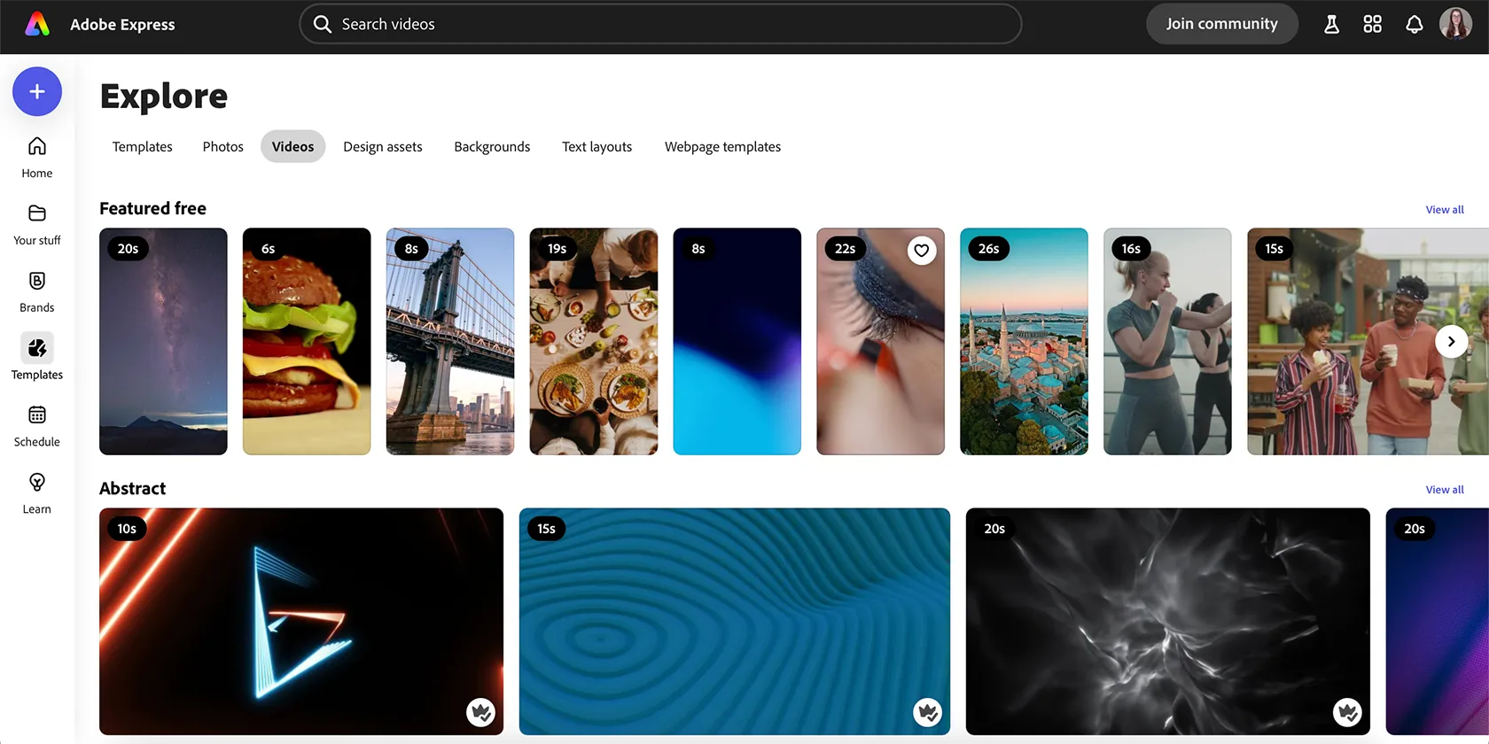 Kho tài nguyên video stock chất lượng cao trong Adobe Express, hỗ trợ người dùng tạo nội dung đa phương tiện.