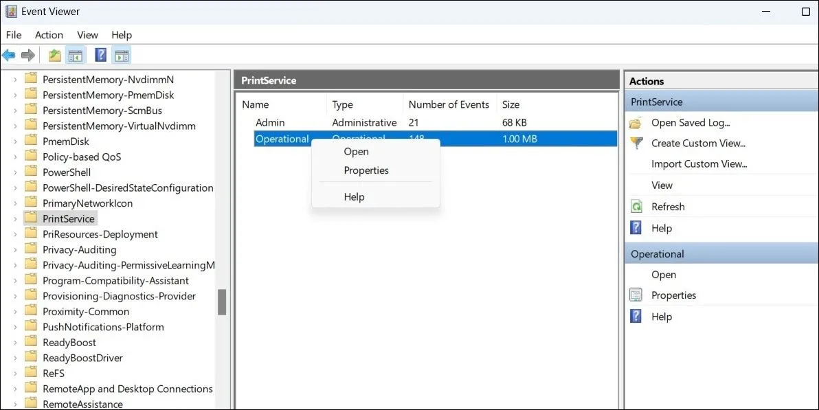 Kích hoạt nhật ký hoạt động PrintService trong Event Viewer để ghi lại lịch sử in
