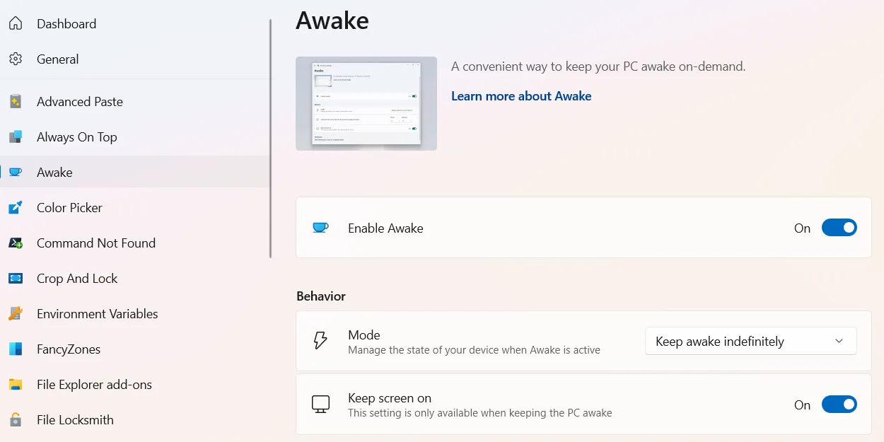 Kích hoạt tiện ích Awake trong PowerToys để giữ Windows 11 luôn hoạt động.