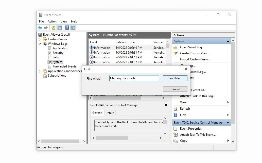 Kiểm tra kết quả của công cụ Memory Diagnostic Test trong Event Viewer trên Windows 10
