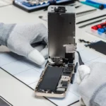 Kỹ thuật viên đang thay pin cho điện thoại smartphone, minh họa quá trình sửa chữa bên trong thiết bị.