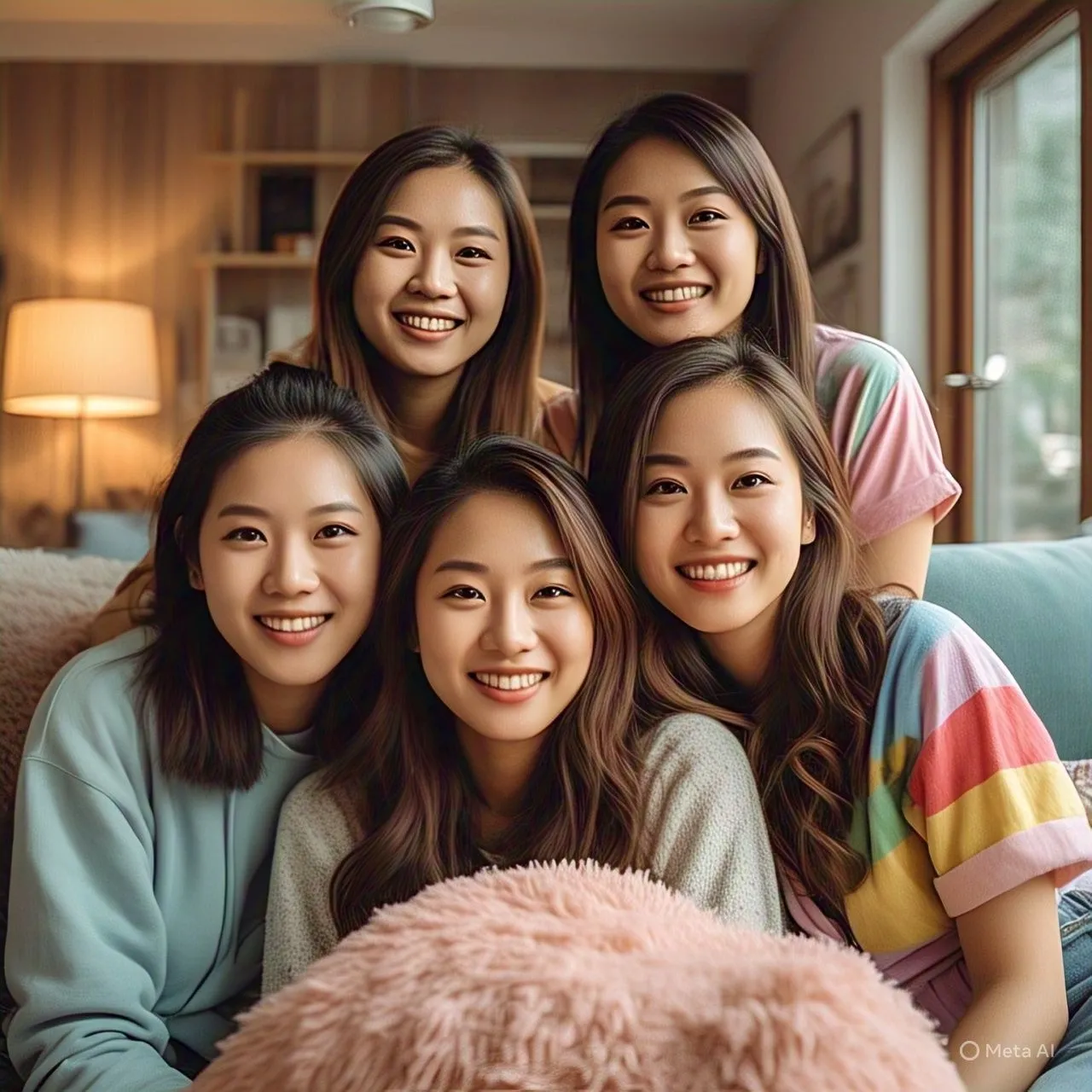 Làn da quá mịn màng, thiếu kết cấu tự nhiên của bốn cô gái trong ảnh AI, dấu hiệu của hiệu ứng &quot;da nhựa&quot;.
