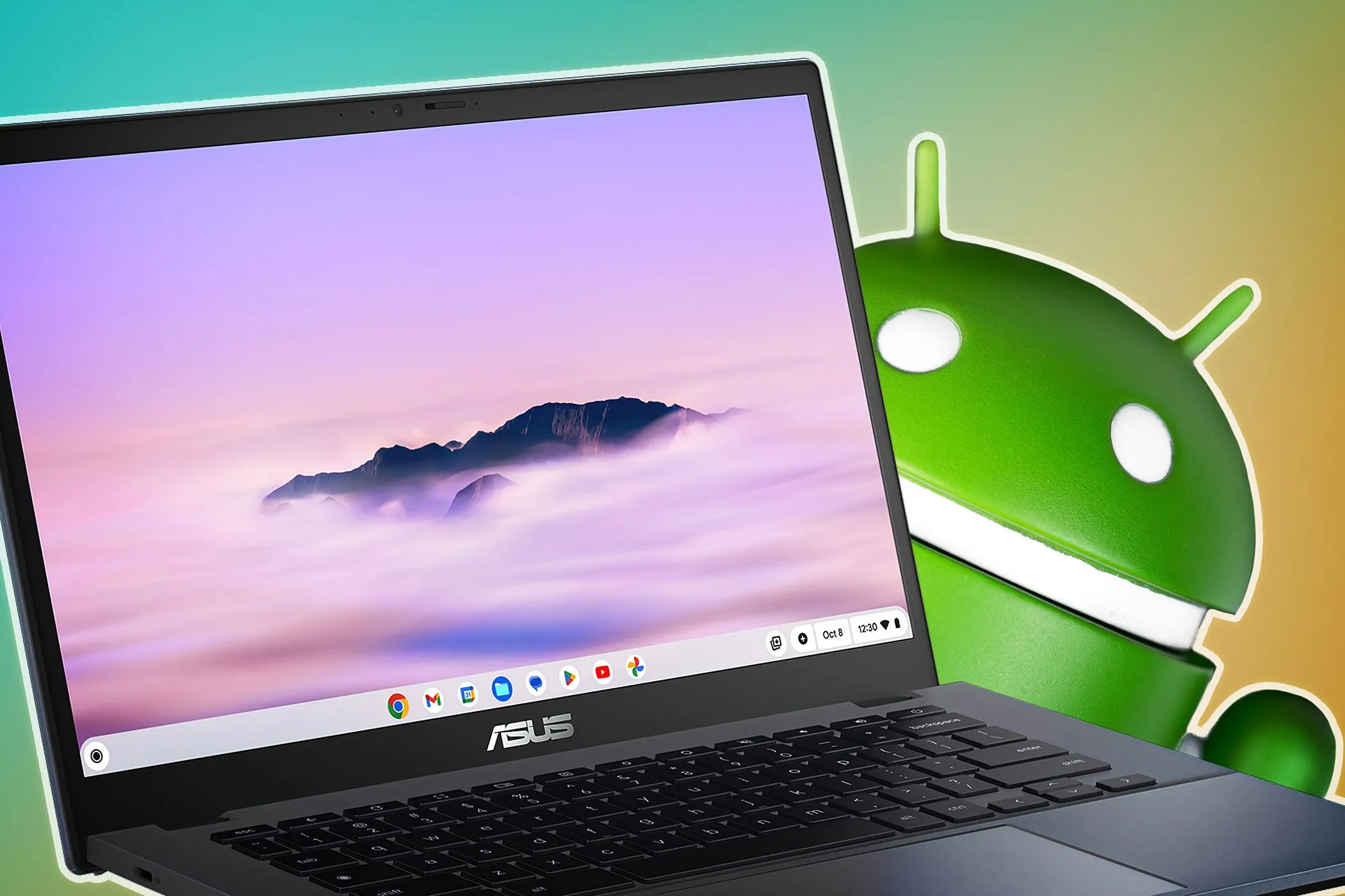Laptop ASUS Chromebook hiển thị logo Android, minh họa khả năng tương thích và chạy ứng dụng Android cũng như Linux