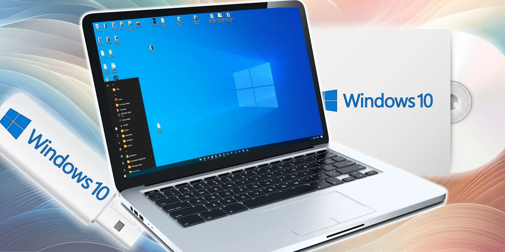 Laptop chạy Windows 10 với đĩa CD và USB cài đặt