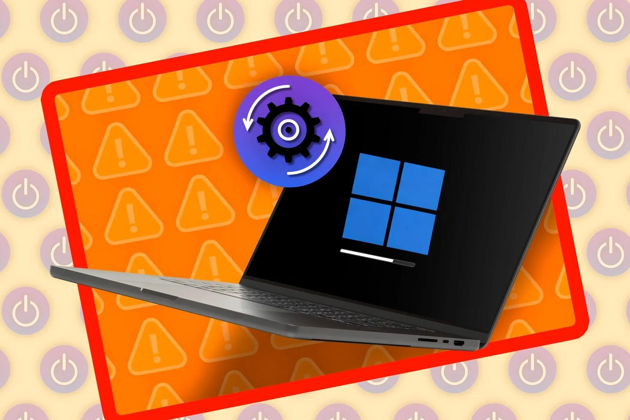 Laptop hiển thị màn hình đang tải với biểu tượng Windows và logo cập nhật, liên quan đến yêu cầu phần cứng của Windows 11.