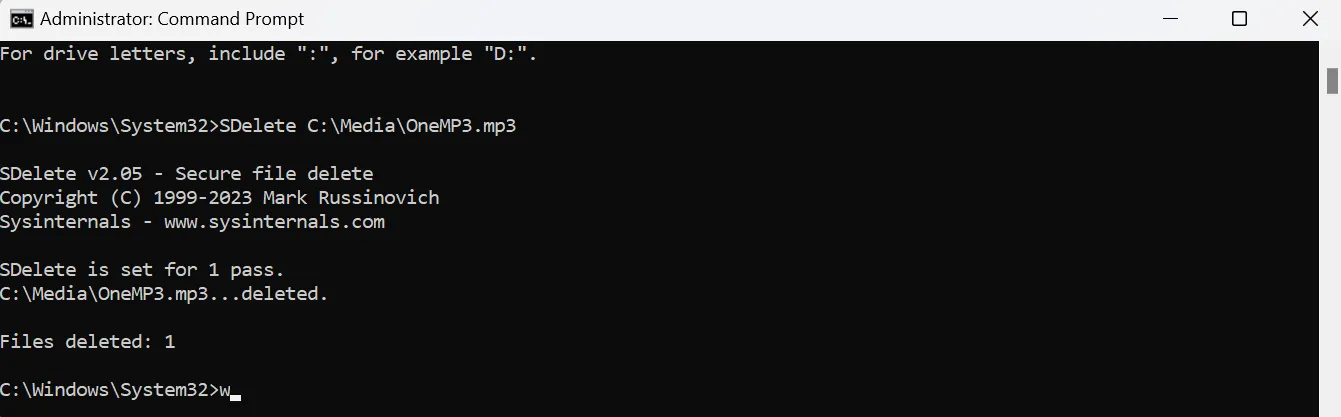 Lệnh SDelete để xóa file MP3 trong Command Prompt