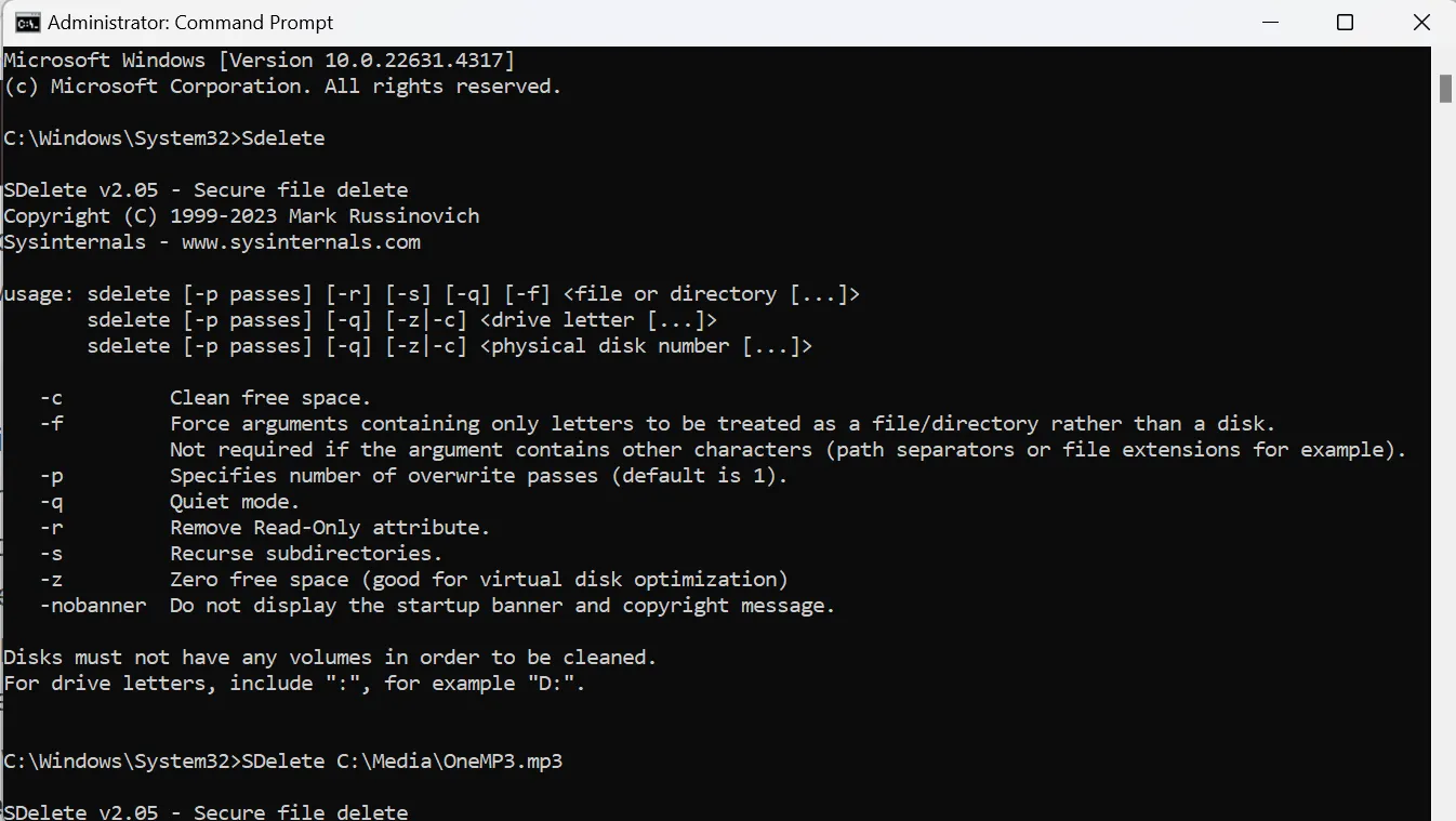 Lệnh SDelete được nhập trong cửa sổ Command Prompt