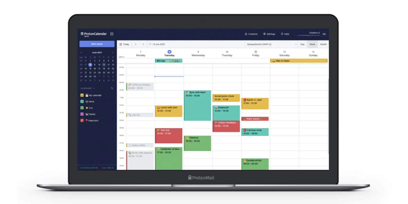 Lịch Proton Calendar trên máy tính với các khối thời gian được sắp xếp khoa học