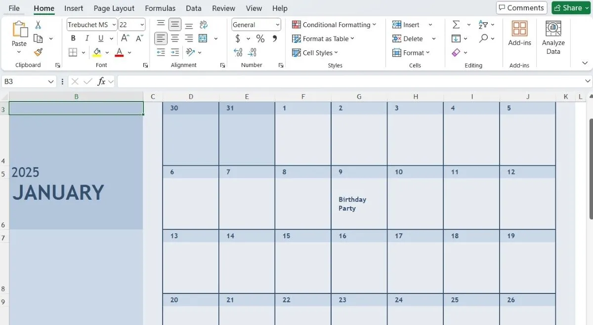 Lịch tháng 1 được hiển thị và tùy chỉnh trong Excel