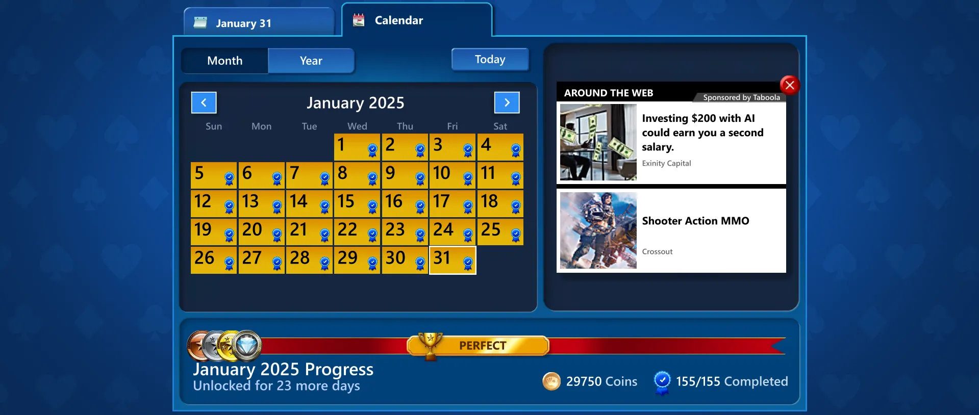 Lịch thử thách hàng ngày trong Microsoft Solitaire hiển thị khả năng hoàn thành nhiệm vụ đã bỏ lỡ, giúp người chơi duy trì chuỗi thắng.