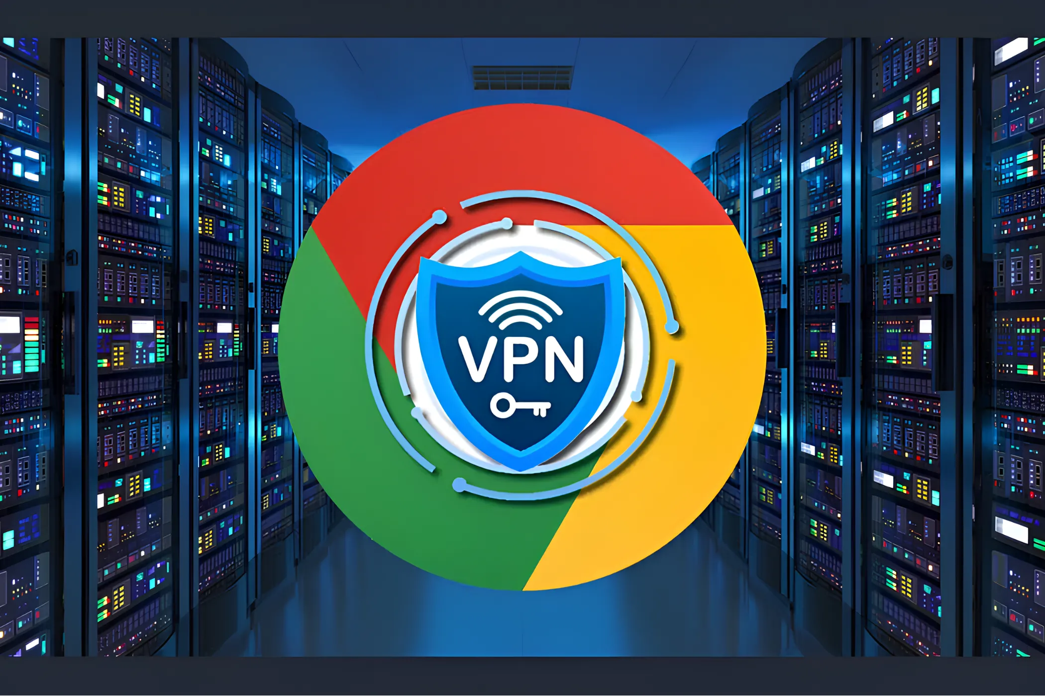 Logo trình duyệt Google Chrome với huy hiệu VPN trên nền phòng máy chủ, minh họa tầm quan trọng của VPN trong việc bảo vệ quyền riêng tư khi mua sắm trực tuyến