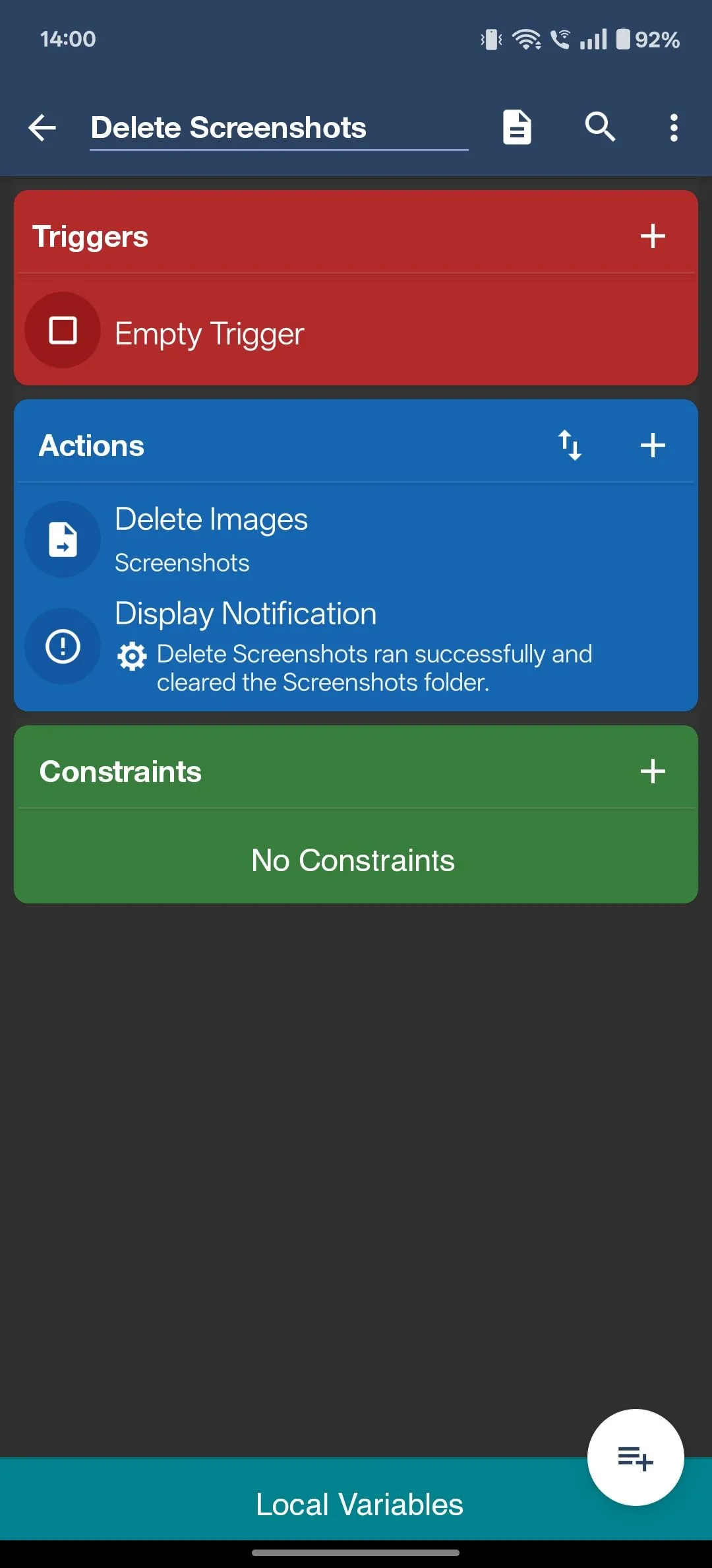 MacroDroid đã hoàn tất cấu hình với các tác vụ 'Delete Images' và 'Display Notification', sẵn sàng thực hiện tự động.