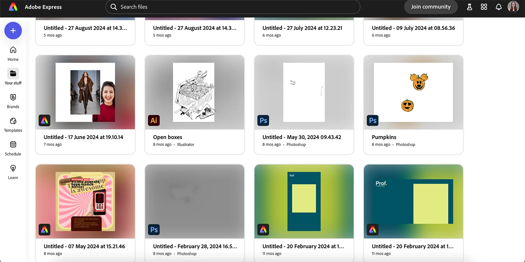 Màn hình Adobe Express hiển thị các tùy chọn tích hợp với những công cụ Adobe khác trong hệ sinh thái.