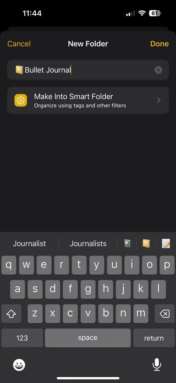Màn hình Apple Notes hiển thị cách tạo thư mục 'Bullet Journal' để tổ chức các ghi chú năng suất.