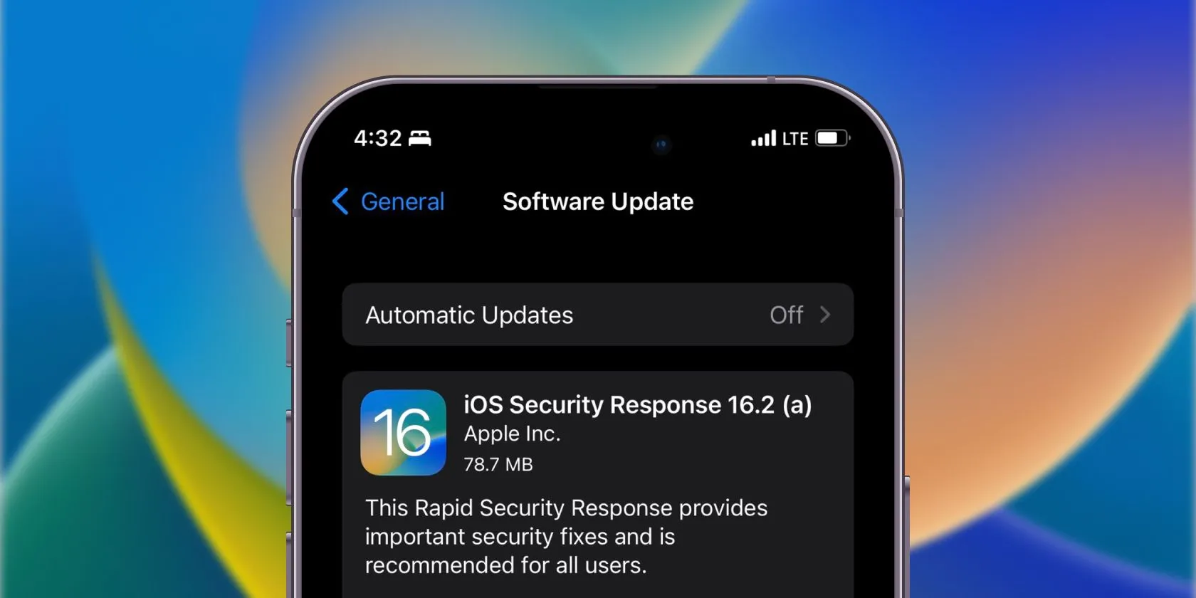 Màn hình bật tính năng Phản hồi bảo mật nhanh (Rapid Security Response) trên iPhone để nhận cập nhật bảo mật tức thì