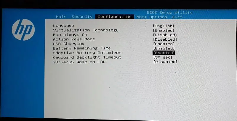 Màn hình BIOS laptop HP với tùy chọn Bật Bộ tối ưu hóa pin thích ứng (Adaptive Battery Optimizer) hoặc Quản lý sức khỏe pin.