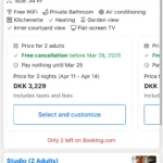 Màn hình Booking.com hiển thị các lựa chọn đặt phòng và thanh toán sau