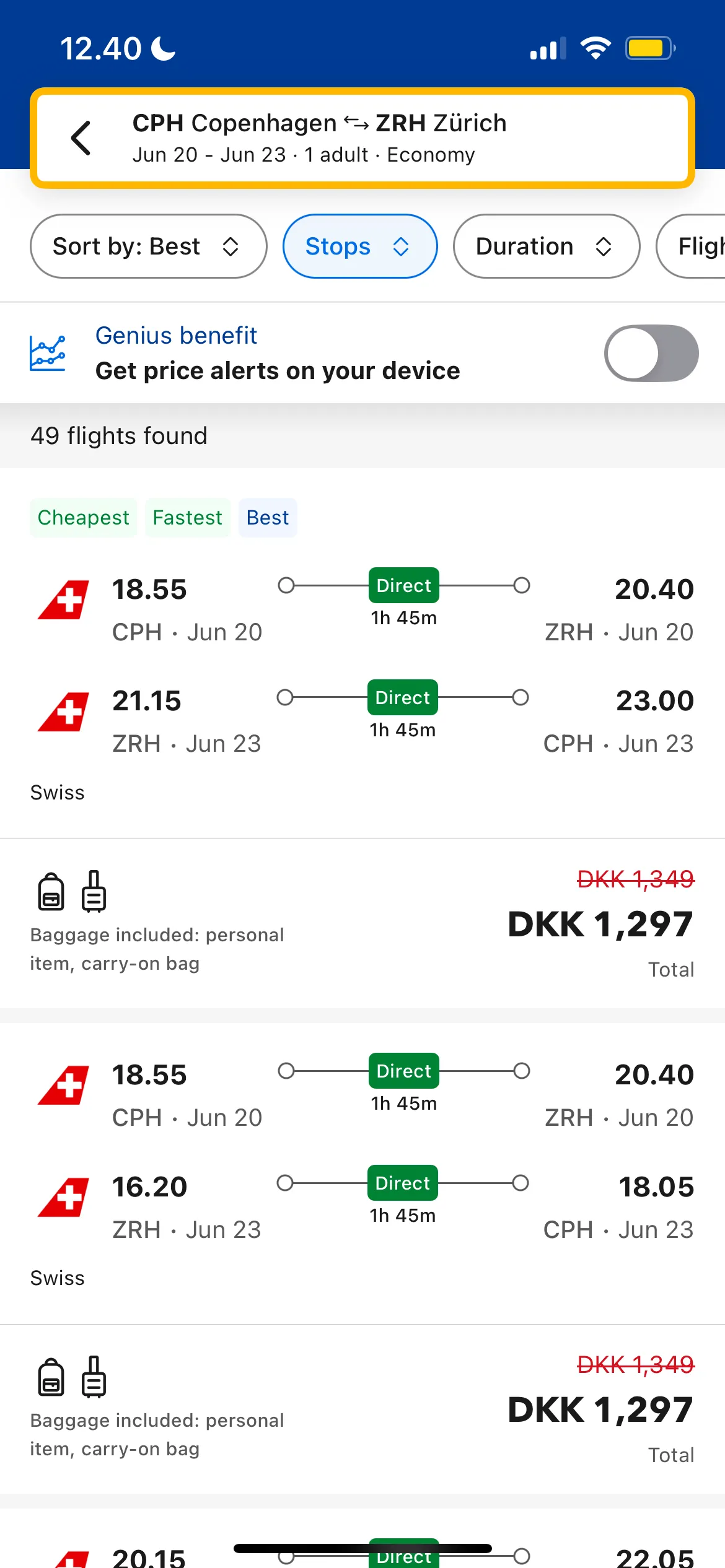 Màn hình Booking.com hiển thị các tùy chọn và kết quả tìm kiếm chuyến bay