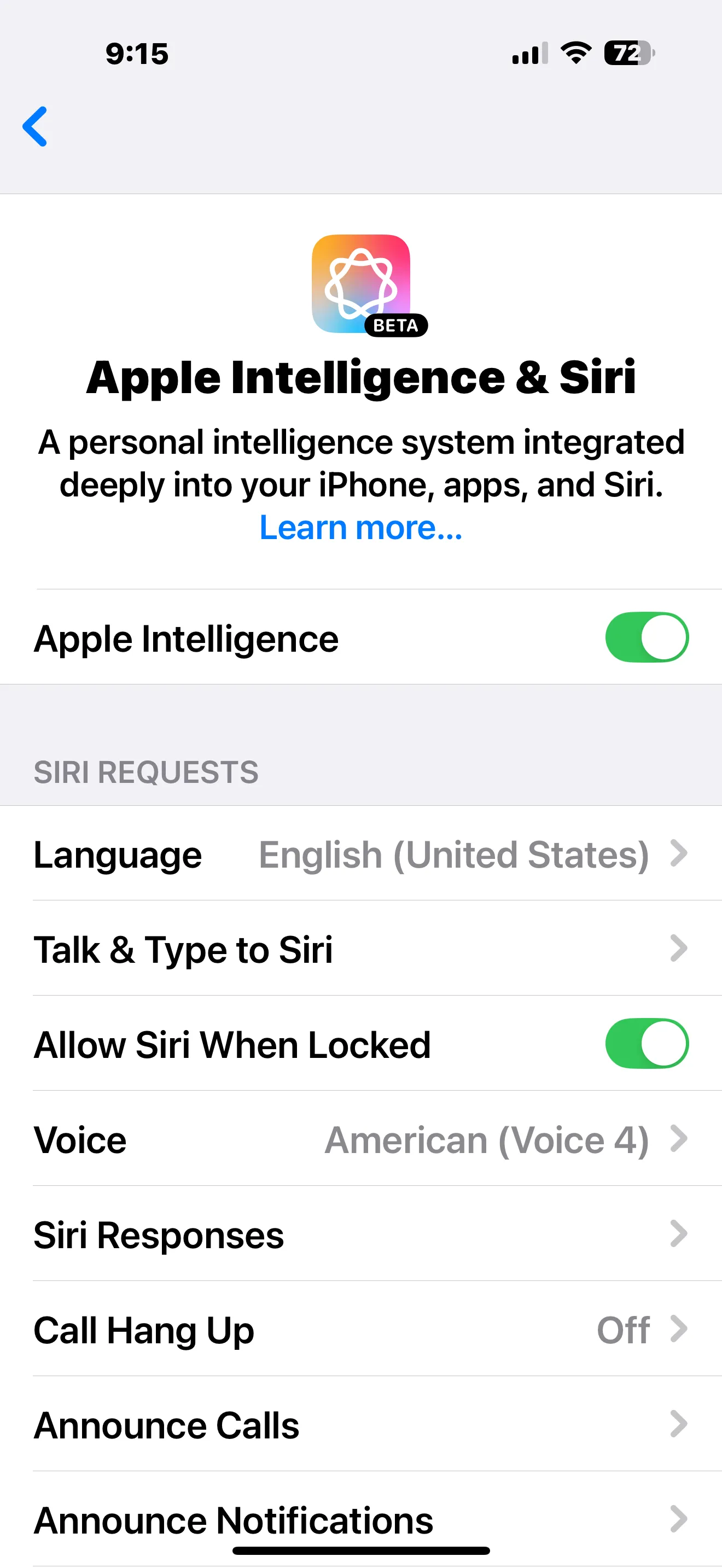 Màn hình cài đặt Apple Intelligence và Siri trên iPhone, nơi người dùng có thể vô hiệu hóa các tính năng AI