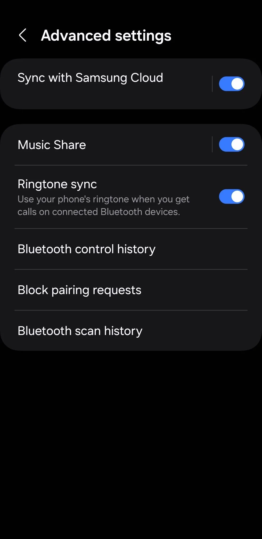 Màn hình cài đặt Bluetooth nâng cao trên điện thoại Samsung hiển thị tùy chọn Music Share