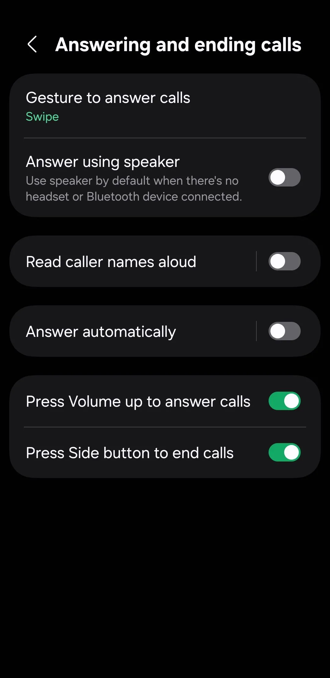 Màn hình cài đặt cho phép trả lời và kết thúc cuộc gọi bằng nút vật lý trên Android.