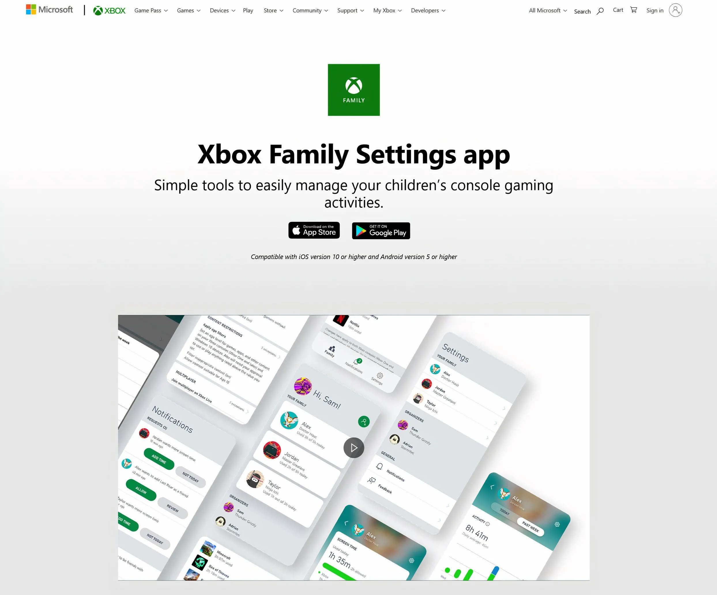 Màn hình cài đặt giới hạn thời gian sử dụng thiết bị trong ứng dụng Microsoft Family Safety, bao gồm các tùy chọn cho Xbox và Windows.