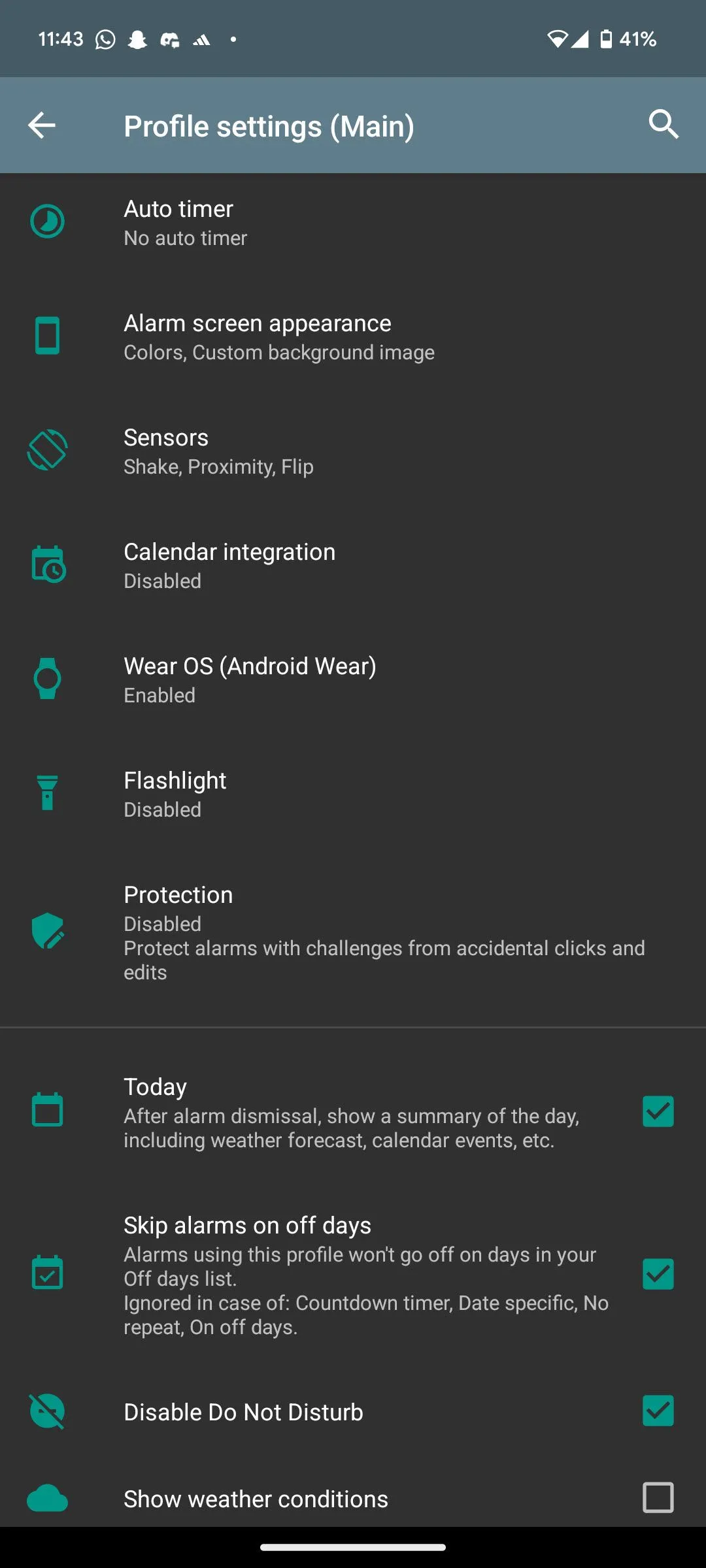Màn hình cài đặt hồ sơ báo thức AMdroid với nhiều tùy chọn cá nhân hóa