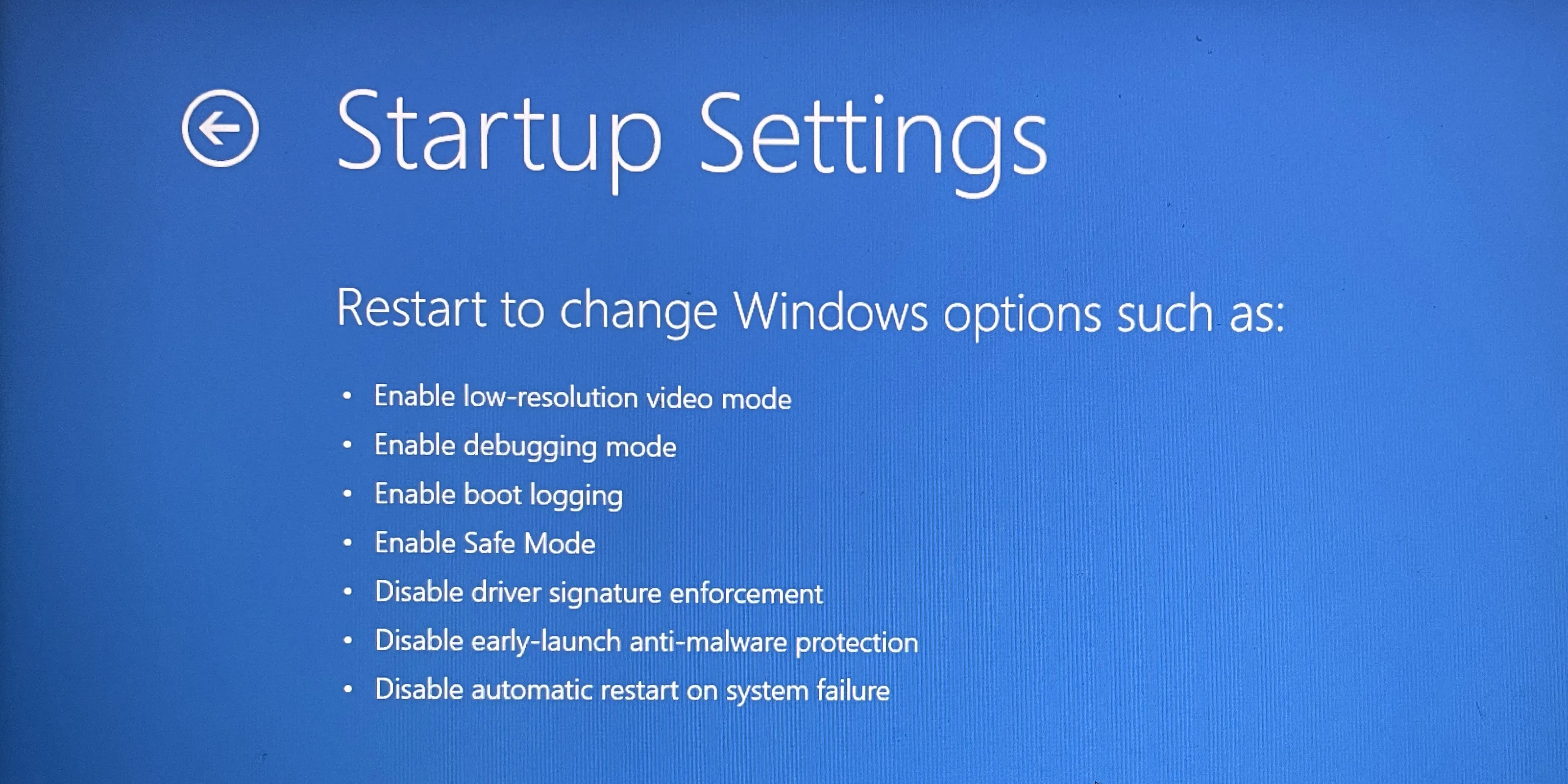 Màn hình Cài đặt Khởi động (Startup Settings) của Windows