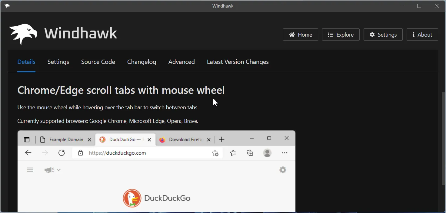 Màn hình cài đặt mod cuộn tab trình duyệt Chrome và Edge bằng con lăn chuột trong ứng dụng Windhawk trên Windows 11
