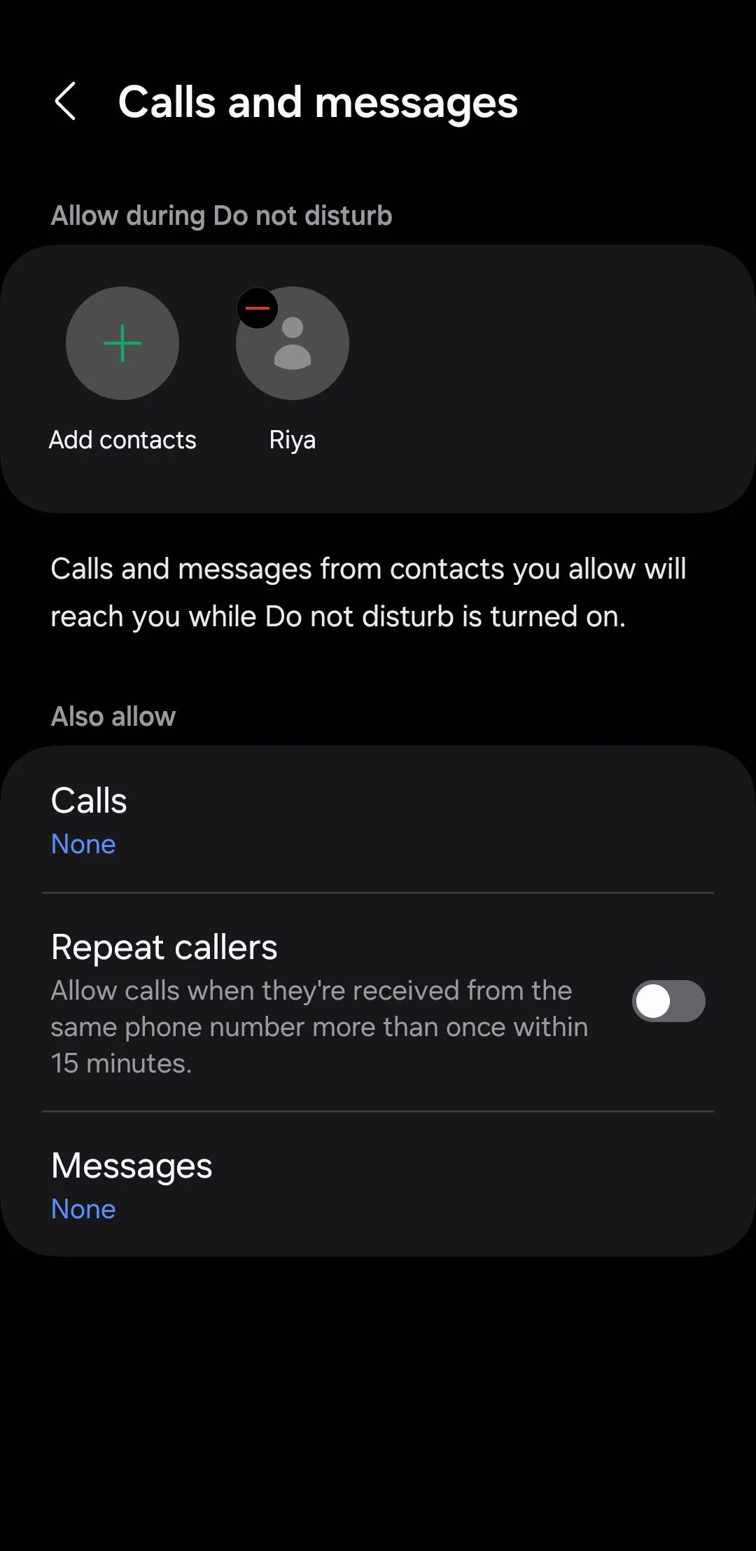 Màn hình cài đặt ngoại lệ cho chế độ Không làm phiền (Do Not Disturb) trên Android, cho phép nhận cuộc gọi/tin nhắn từ liên hệ ưu tiên.