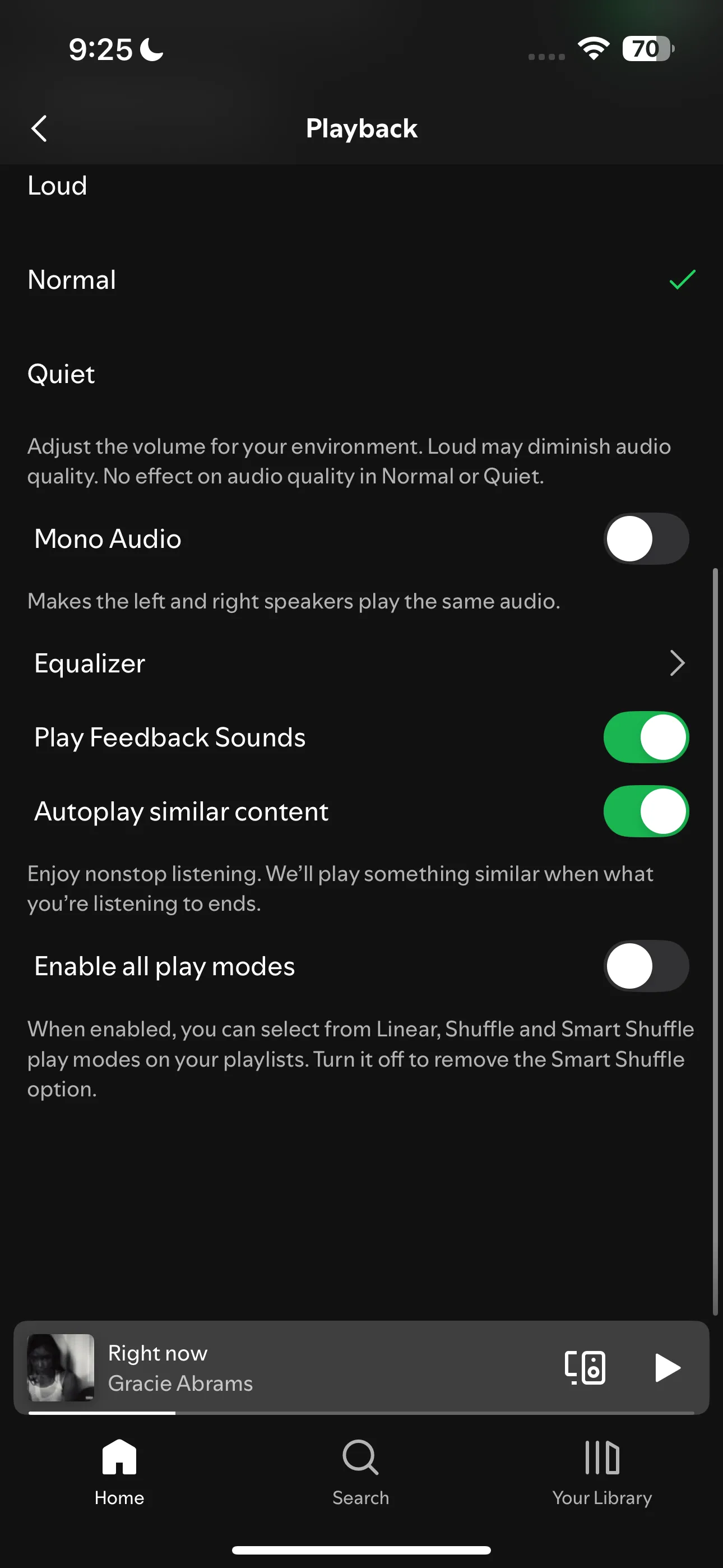 Màn hình cài đặt Phát lại trên Spotify, hiển thị tùy chọn bật/tắt các chế độ chơi nhạc