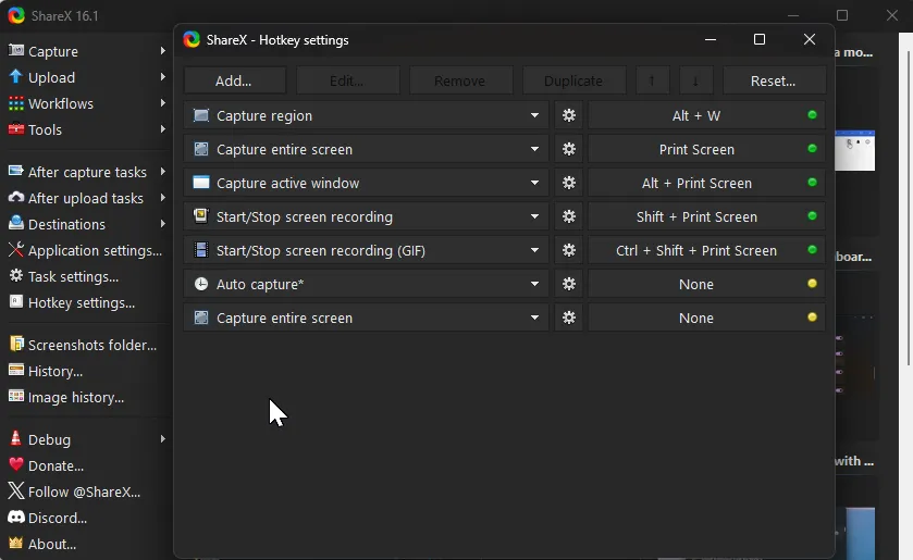 Màn hình cài đặt phím nóng (Hotkey settings) của ShareX trên Windows 11 cho phép tùy chỉnh phím tắt chụp màn hình
