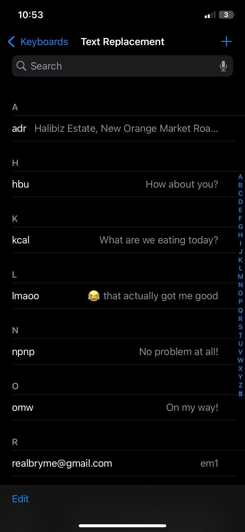 Màn hình cài đặt phím tắt văn bản (Text Replacement) trên iPhone với các tùy chọn Cụm từ và Phím tắt