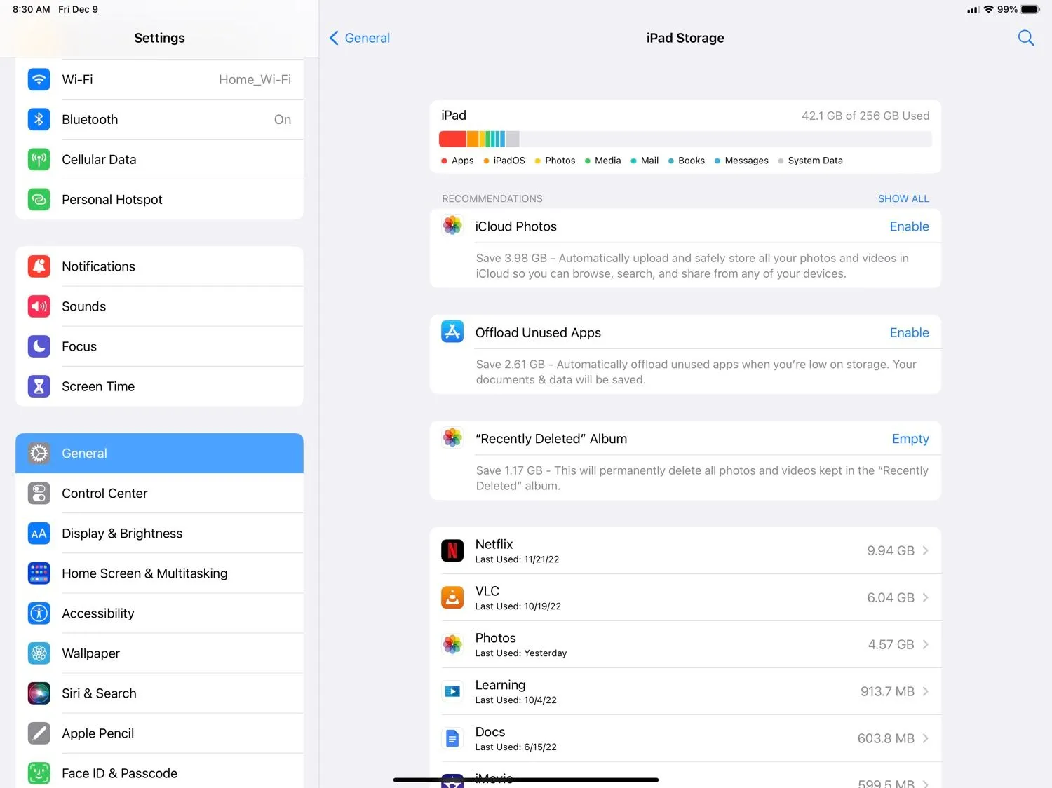 Màn hình cài đặt quản lý dung lượng lưu trữ trên iPad hiển thị mức độ đầy bộ nhớ