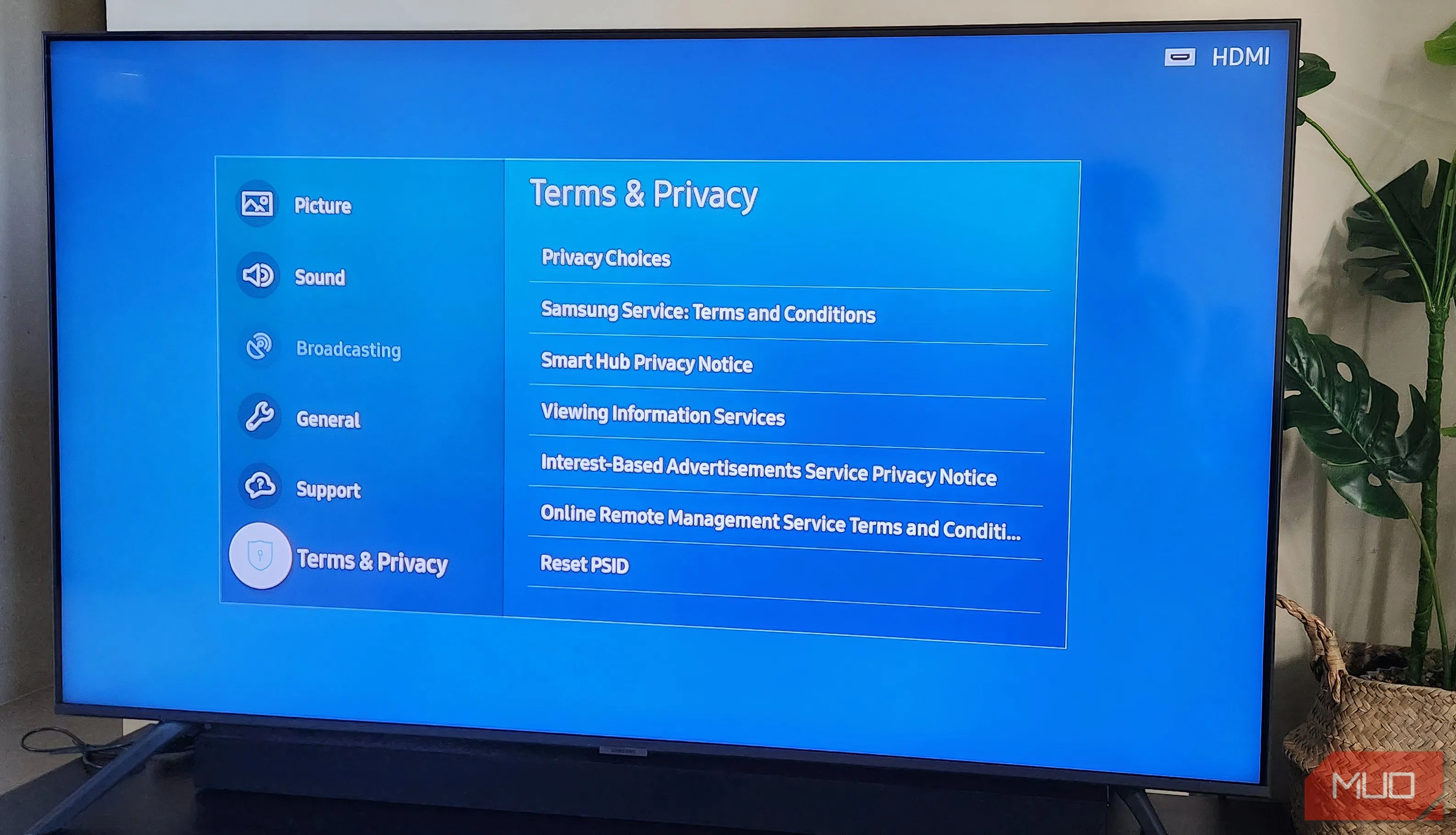 Màn hình cài đặt quyền riêng tư trên TV thông minh Samsung.