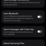Màn hình cài đặt Samsung Flow trên điện thoại Samsung Galaxy, hiển thị tùy chọn thông báo ứng dụng và các cài đặt khác.