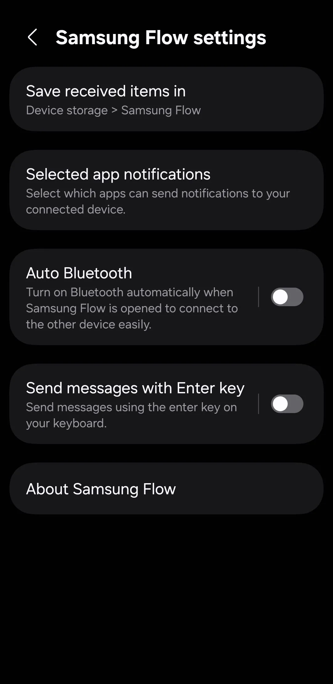 Màn hình cài đặt Samsung Flow trên điện thoại Samsung Galaxy, hiển thị tùy chọn thông báo ứng dụng và các cài đặt khác.