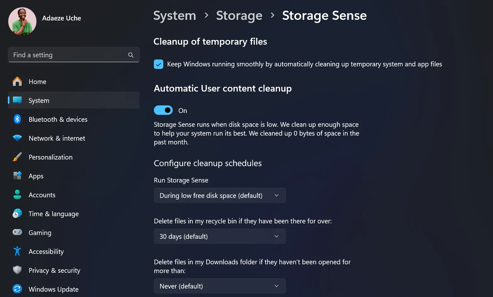 Màn hình cài đặt Storage Sense trong ứng dụng Cài đặt của Windows