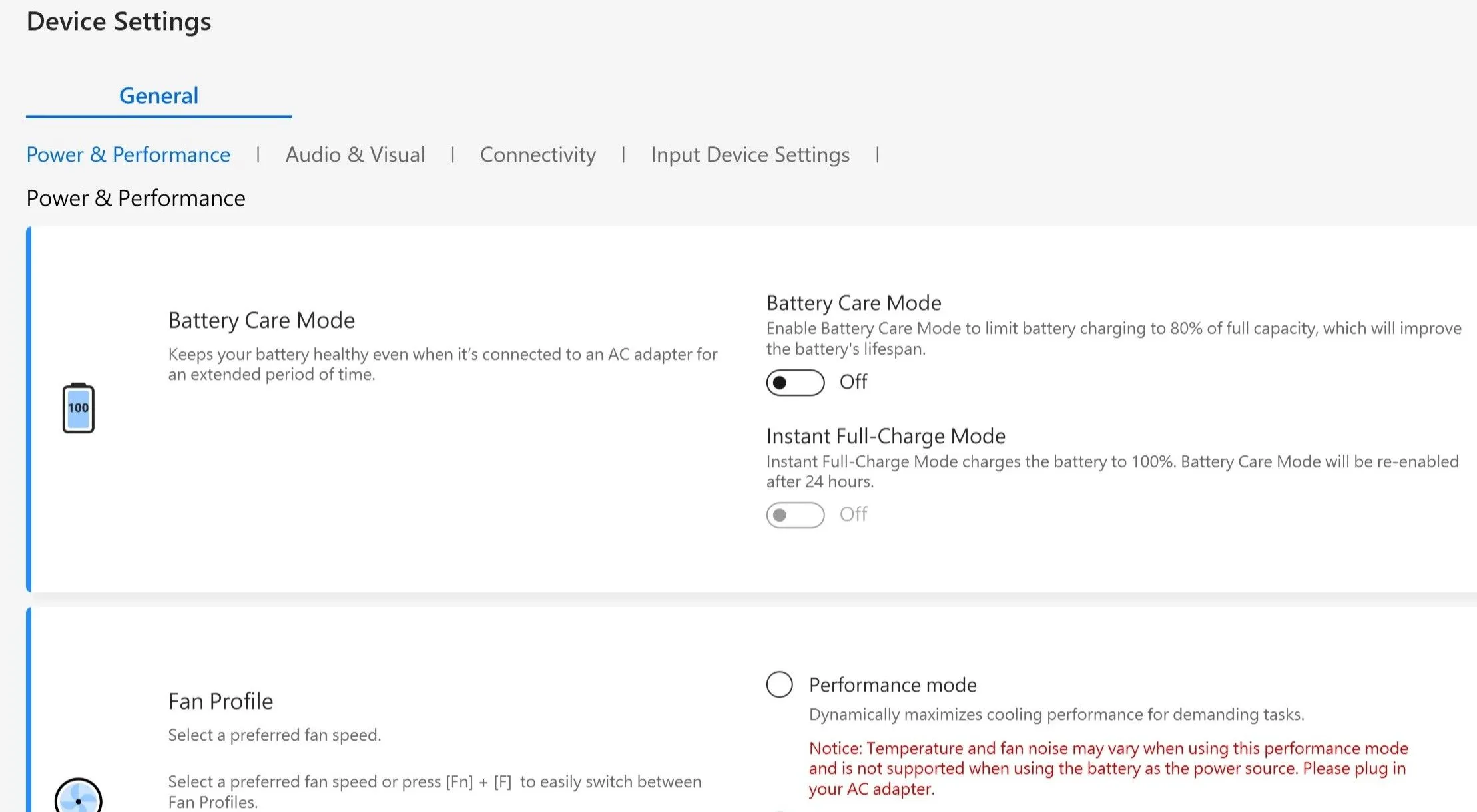 Màn hình Cài đặt thiết bị (Device Settings) trong ứng dụng MyAsus, nơi có tùy chọn Chế độ chăm sóc pin (Battery Care Mode).