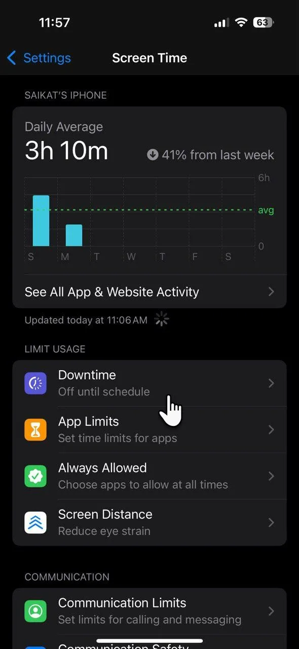 Màn hình cài đặt Thời Gian Nghỉ (Downtime) trong tính năng Thời Gian Sử Dụng trên iPhone, cho phép lên lịch khóa ứng dụng trong khoảng thời gian nhất định.