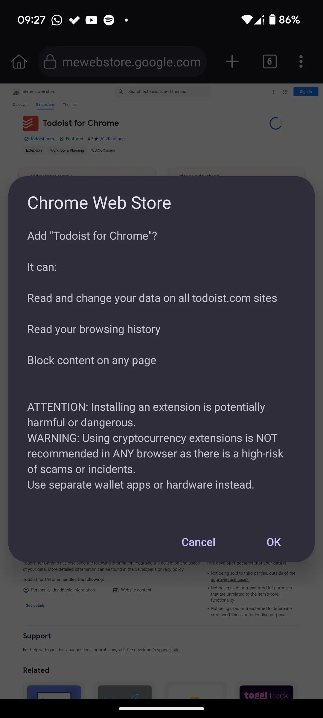 Màn hình cài đặt tiện ích Todoist trong trình duyệt Kiwi Browser, hiển thị nút 'Thêm vào Chrome'.