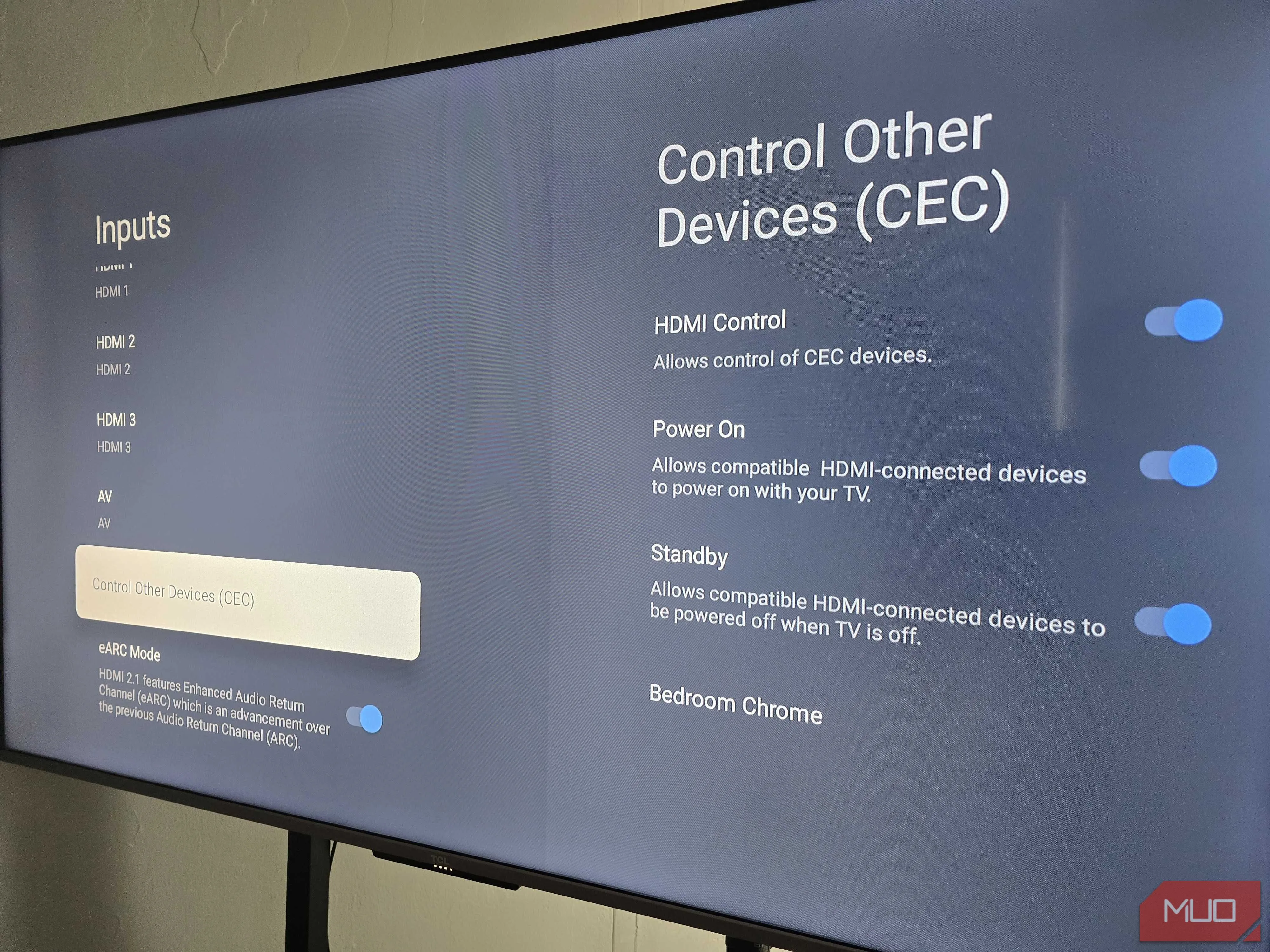 Màn hình cài đặt tính năng HDMI-CEC (Control Other Devices) trên TV TCL.