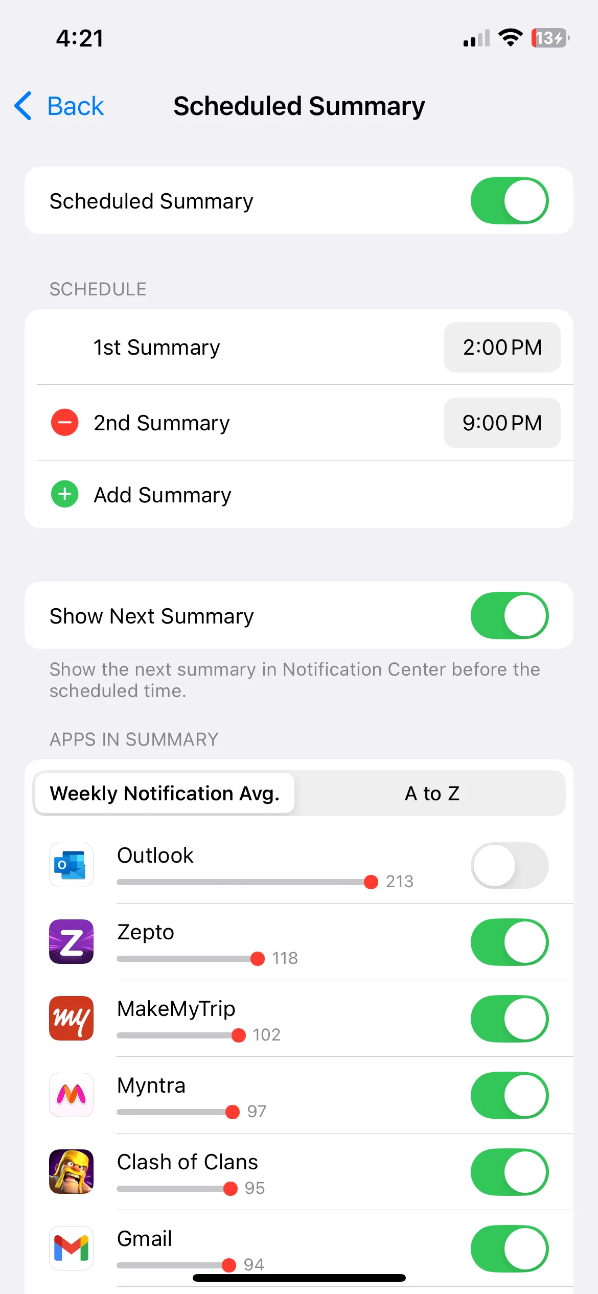 Màn hình cài đặt Tóm tắt theo lịch trình (Scheduled Summary) trong phần Thông báo của iPhone, hiển thị tùy chọn thời gian nhận tóm tắt.