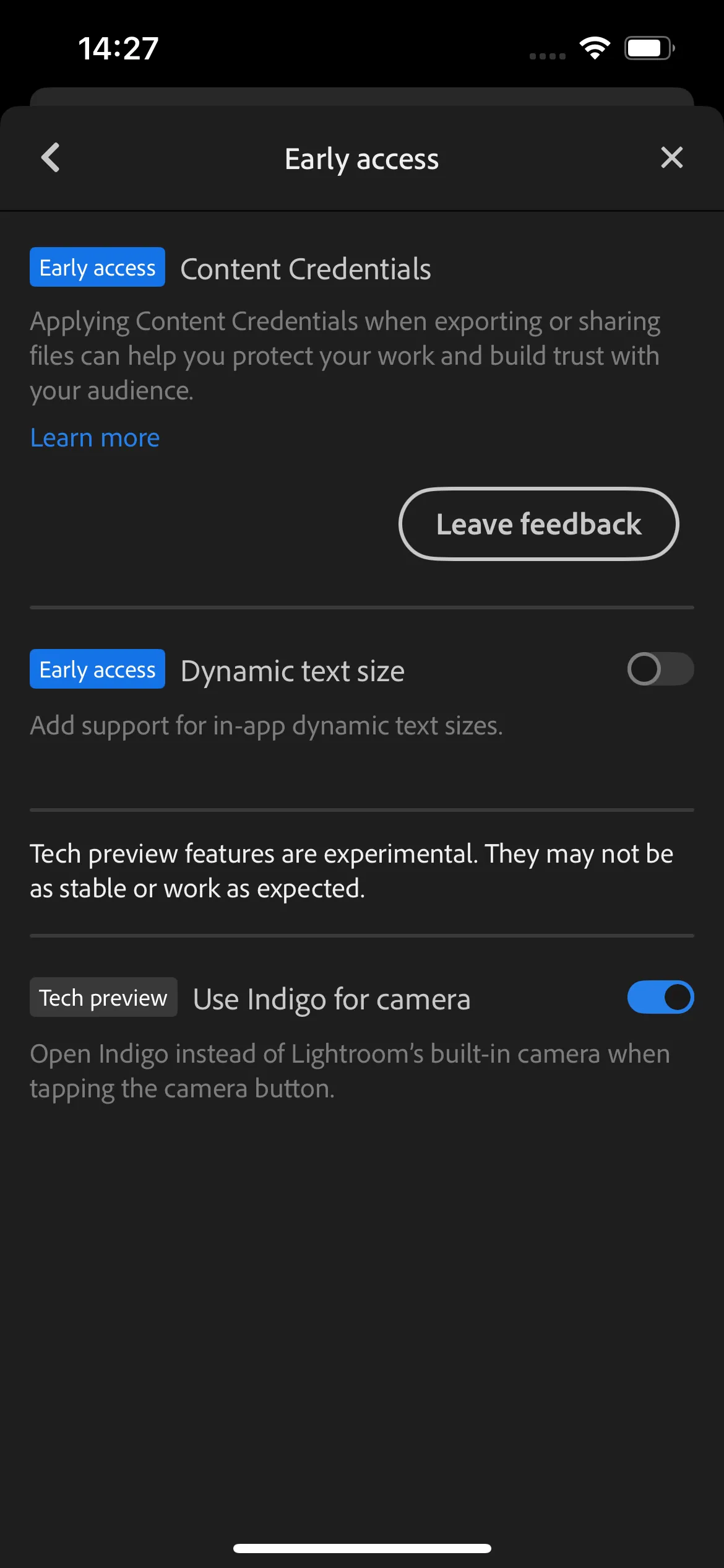 Màn hình cài đặt ứng dụng Adobe Lightroom Mobile, hiển thị tùy chọn truy cập sớm